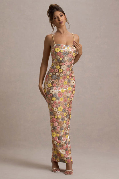 Vestido maxi ajustado con detalles brillantes para mujer, sofisticado para noche