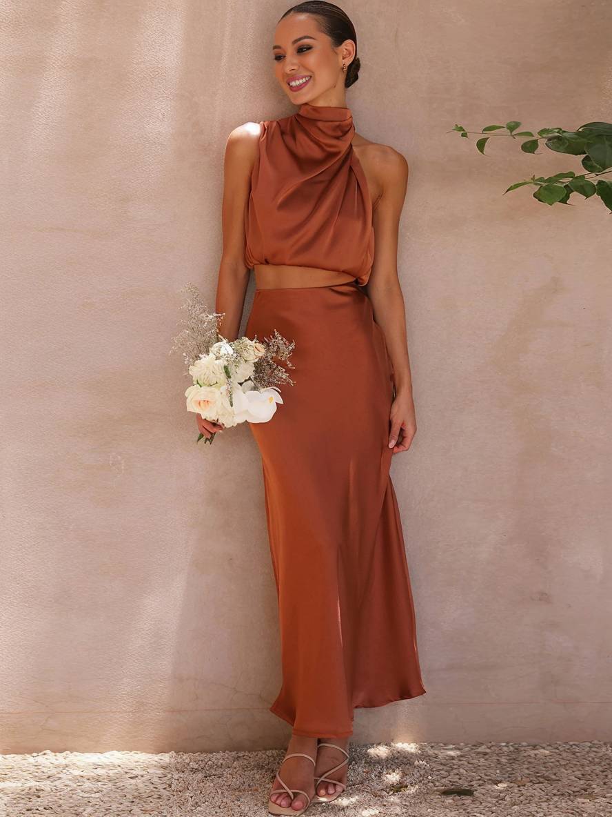 Valencia | Women's Halter Neck Two Piece Evening Set - Orange - Image 4