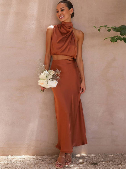 Valencia | Women's Halter Neck Two Piece Evening Set - Orange - Image 4