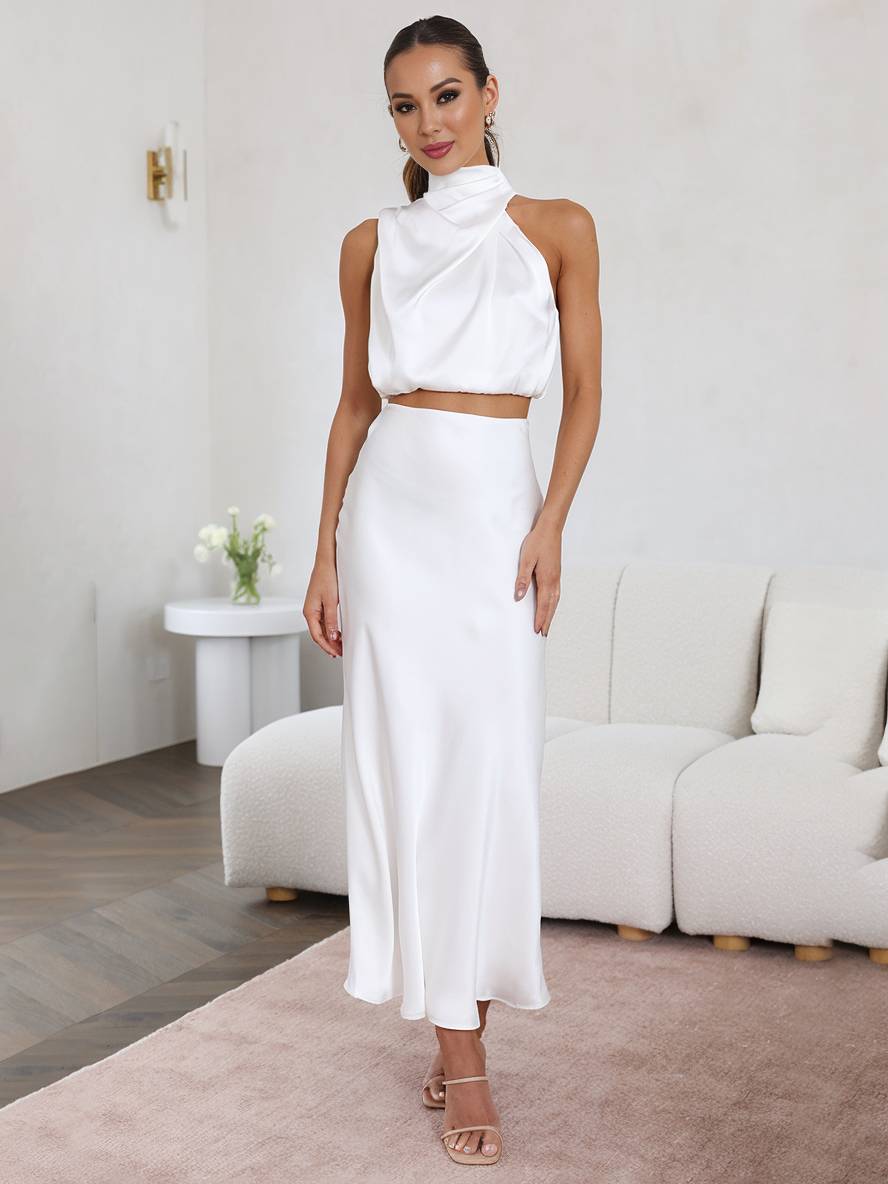 Valencia | Women's Halter Neck Two Piece Evening Set - Orange - Image 12