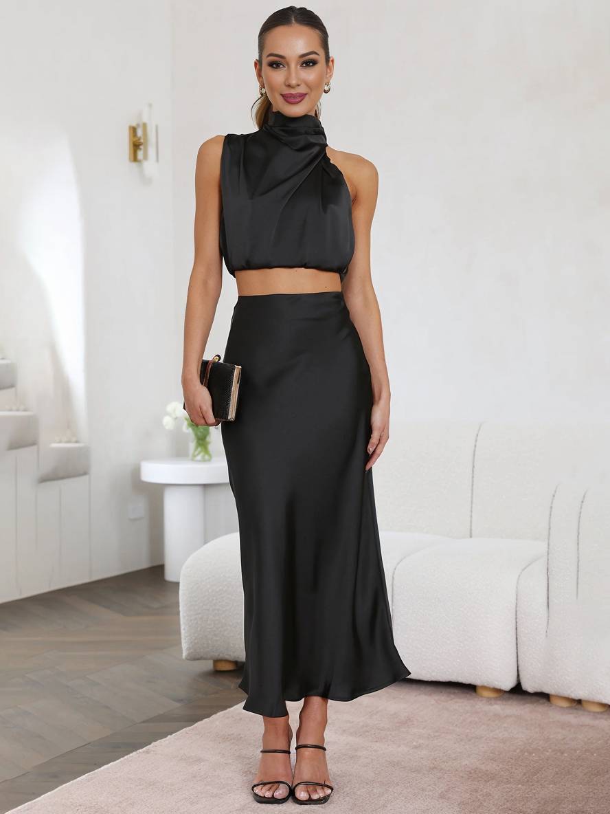 Valencia | Women's Halter Neck Two Piece Evening Set - Orange - Image 16