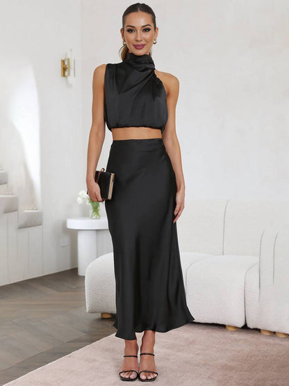 Valencia | Women's Halter Neck Two Piece Evening Set - Orange - Image 16