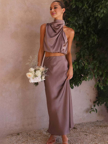 Valencia | Women's Halter Neck Two Piece Evening Set - Orange - Image 28