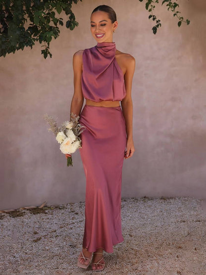 Valencia | Women's Halter Neck Two Piece Evening Set - Orange - Image 32