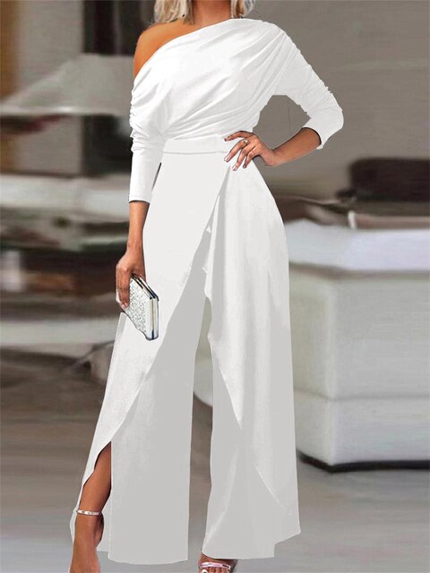 Valentina | Women's Off Shoulder Wide Leg Jumpsuit - White - Image 3