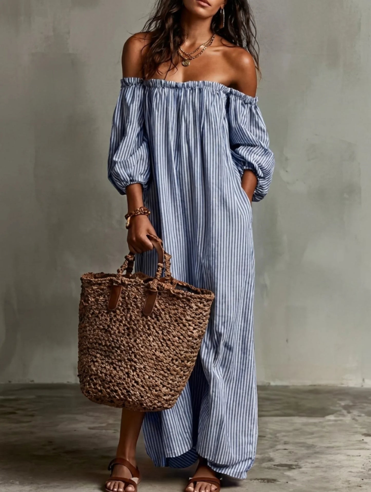 Vestido Largo Fluido con Hombros Descubiertos | Estilo Bohemio