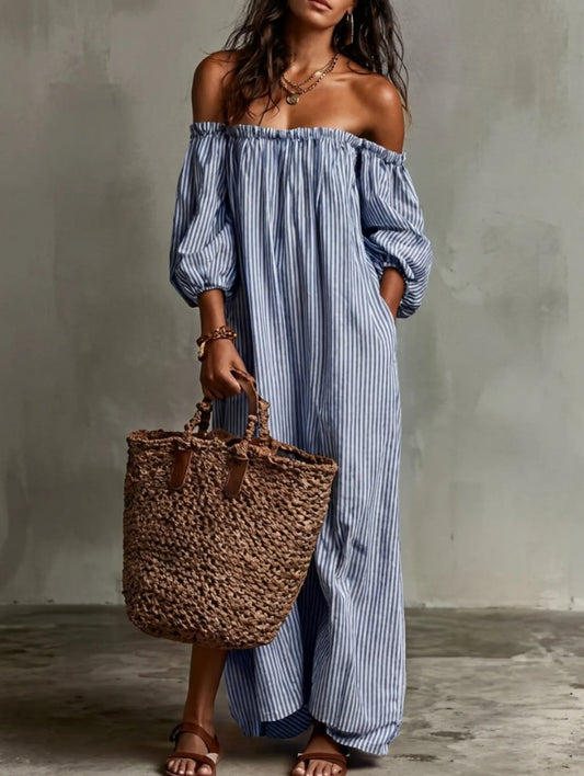 Vestido Largo Fluido con Hombros Descubiertos | Estilo Bohemio