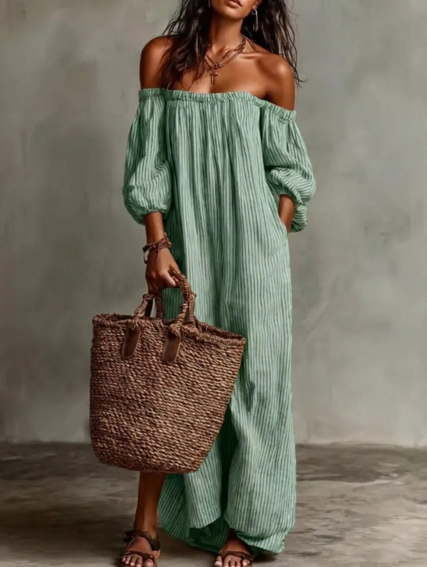 Vestido Largo Fluido con Hombros Descubiertos | Estilo Bohemio