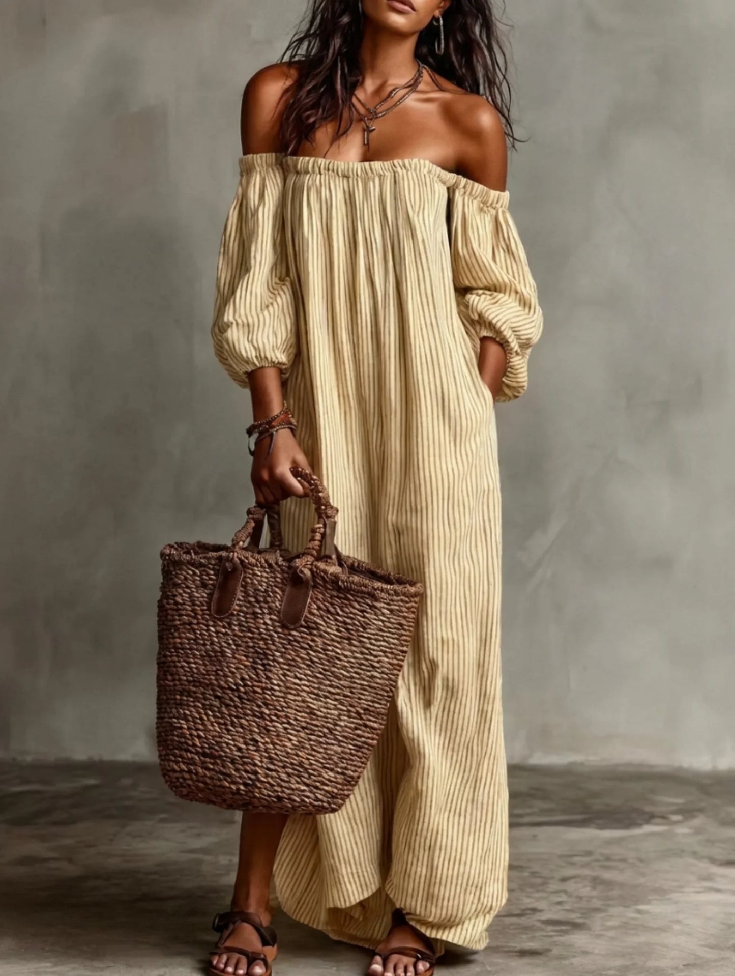 Vestido Largo Fluido con Hombros Descubiertos | Estilo Bohemio