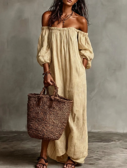 Vestido Largo Fluido con Hombros Descubiertos | Estilo Bohemio