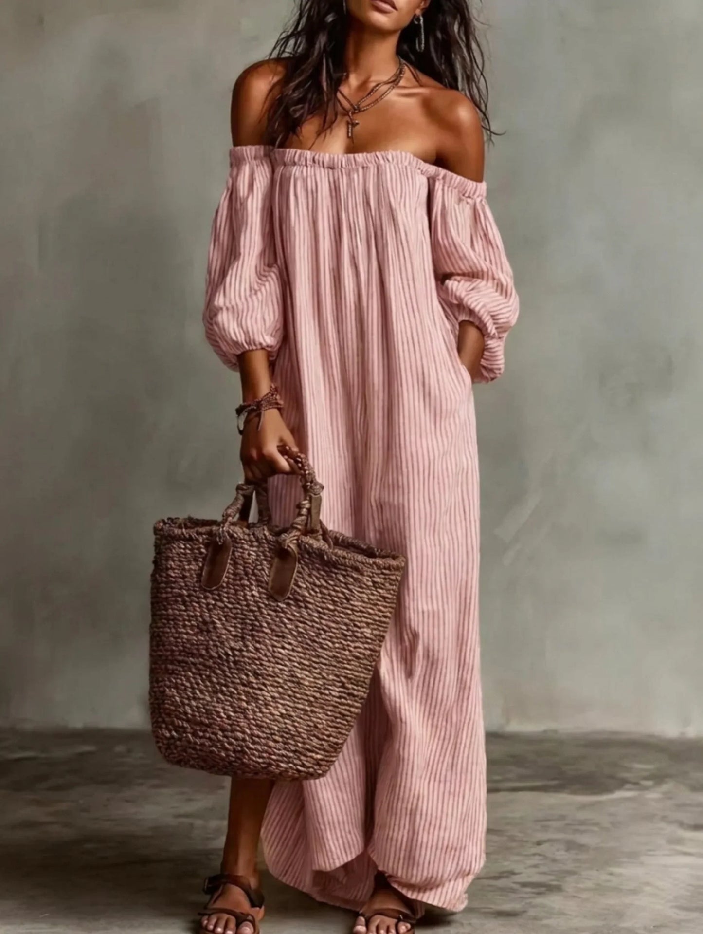 Vestido Largo Fluido con Hombros Descubiertos | Estilo Bohemio