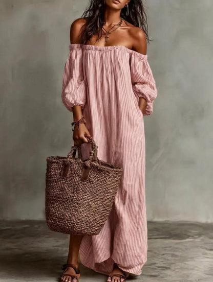 Vestido Largo Fluido con Hombros Descubiertos | Estilo Bohemio