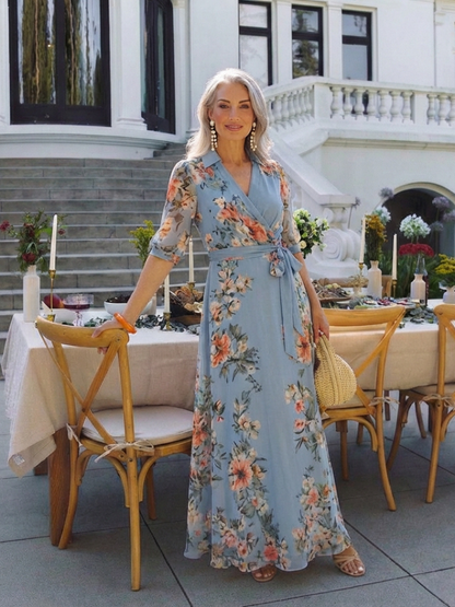 Vestido maxi cruzado con cuello en V floral - fresco y elegante