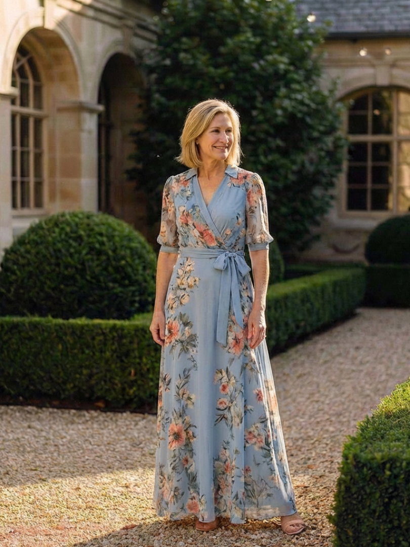Vestido maxi cruzado con cuello en V floral - fresco y elegante