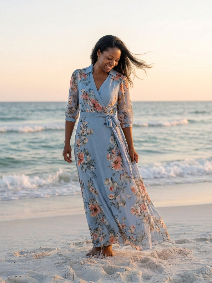 Vestido maxi cruzado con cuello en V floral - fresco y elegante