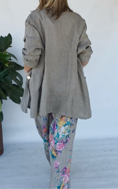Conjunto para mujer con chaqueta verde ligera y pantalón ancho de estampado floral, cómodo y elegante