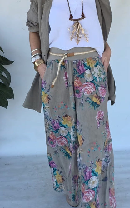 Conjunto para mujer con chaqueta verde ligera y pantalón ancho de estampado floral, cómodo y elegante