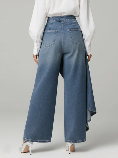 Pantalones Denim de Pierna Ancha con Tiro Alto y Botones | Corte Relajado
