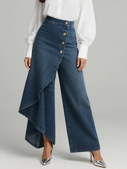 Wide Leg Denim Pants High-Waisted Button Front Relaxed Fit