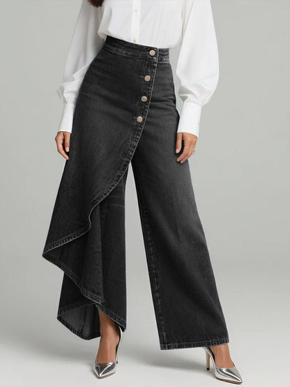 Pantalones Denim de Pierna Ancha con Tiro Alto y Botones | Corte Relajado