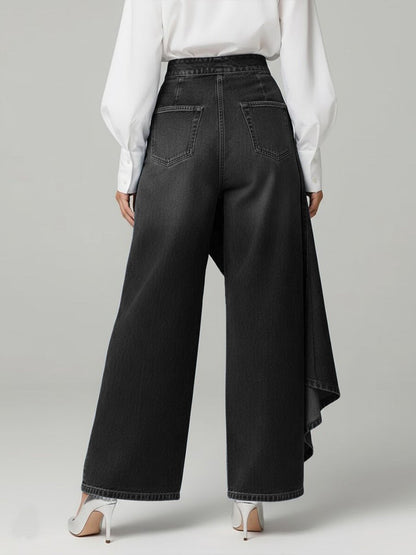Pantalones Denim de Pierna Ancha con Tiro Alto y Botones | Corte Relajado