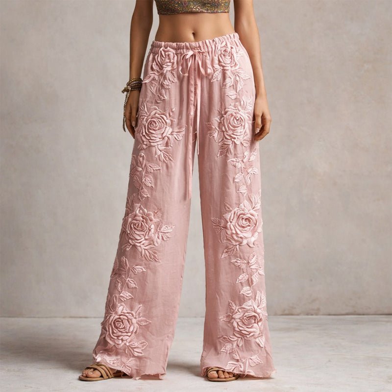 Wide Leg Pants Floral Embroidered Drawstring - Gray
