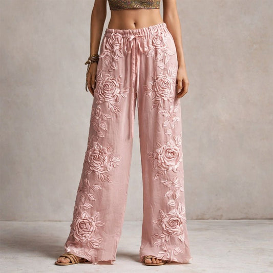 Wide Leg Pants Floral Embroidered Drawstring - Gray