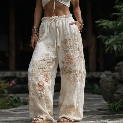 Pantalón Ancho Bordado floreado Cintura Elástic
