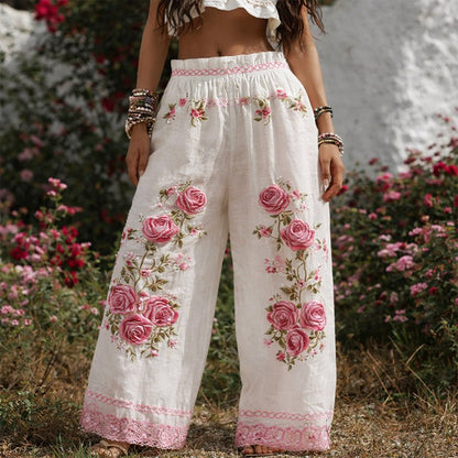 Pantalón Ancho Bordado floreado Cintura Elástic