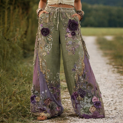 Pantalón Ancho Bordado floreado Cintura Elástic