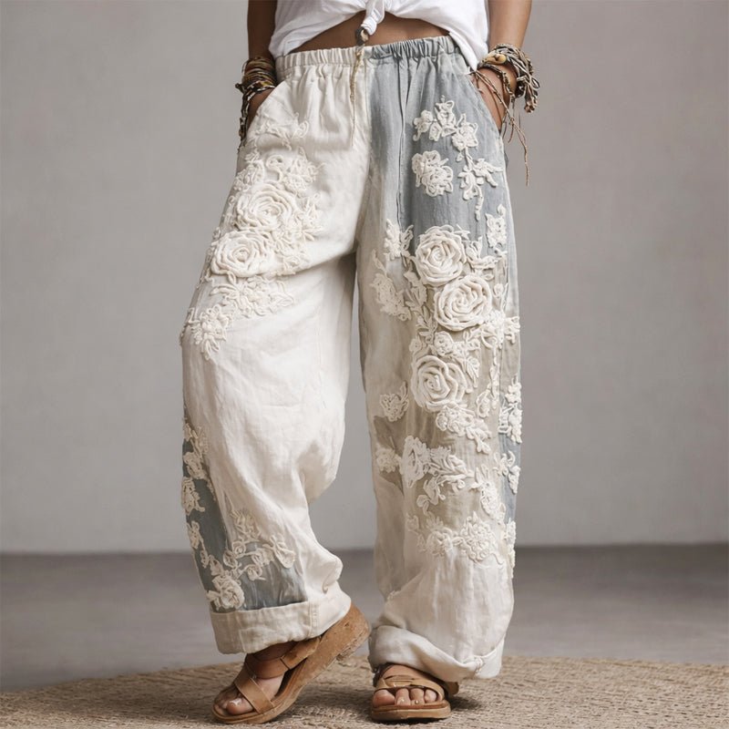 Pantalón Ancho Bordado floreado Cintura Elástic