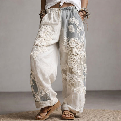 Pantalón Ancho Bordado floreado Cintura Elástic