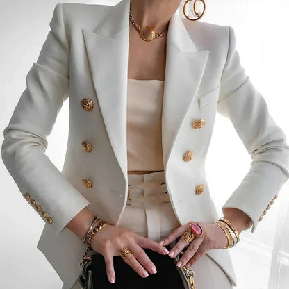 Women's Double-Breasted Blazer with Gold Buttons - Beige