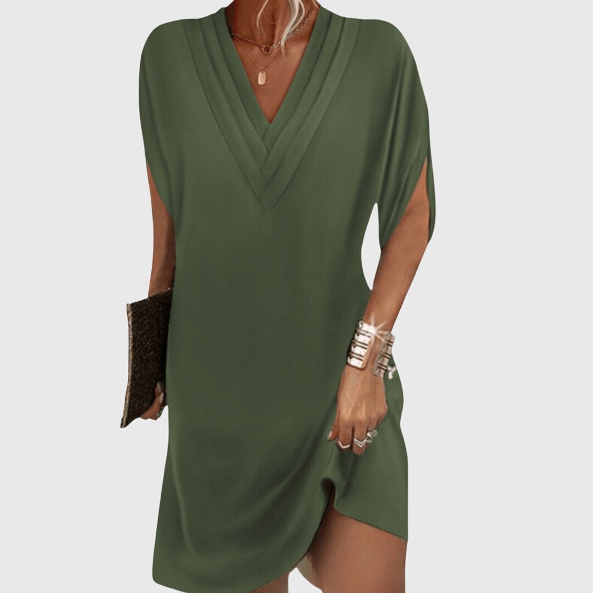 Women's Dress Flowy V-Neck Batwing Sleeve Mini Shift - White