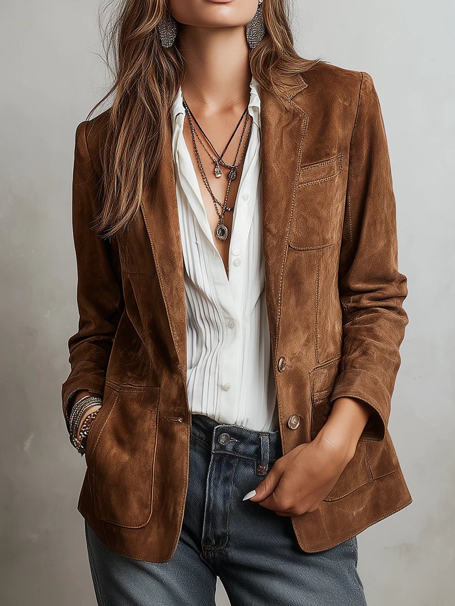 Women's Faux Suede Blazer Tailored Fit Button Front