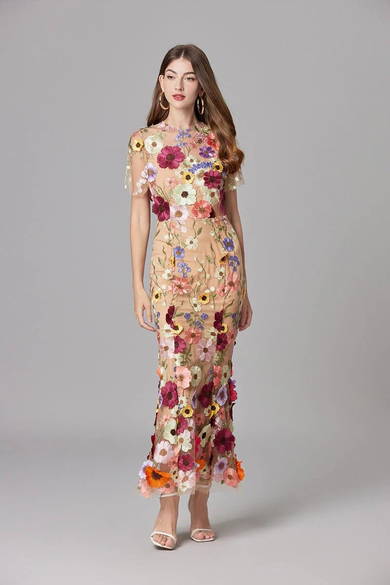 Vestido Maxi Aplique floreado Sin Mangas