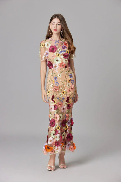 Vestido Maxi Aplique floreado Sin Mangas