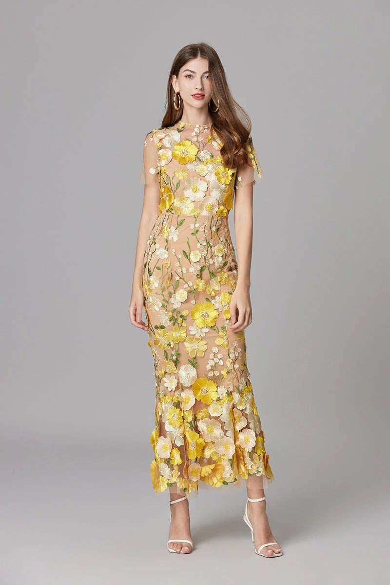 Vestido Maxi Aplique floreado Sin Mangas