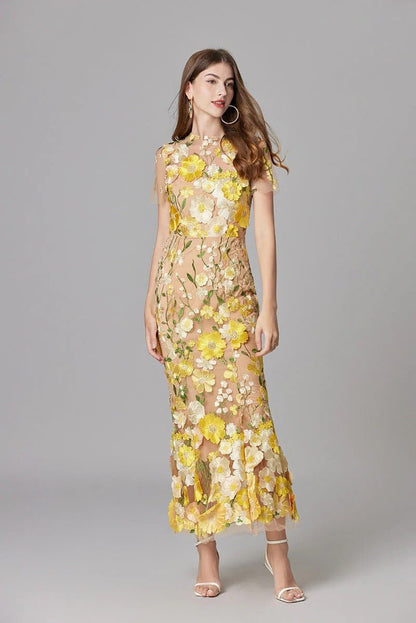 Vestido Maxi Aplique floreado Sin Mangas