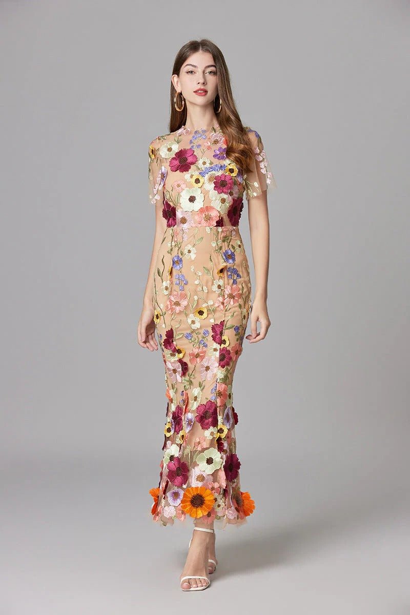 Vestido Maxi Aplique floreado Sin Mangas