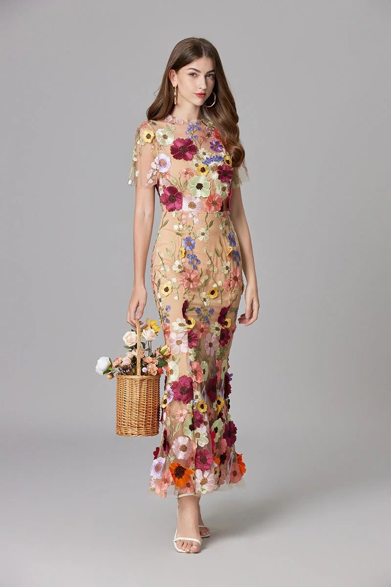 Vestido Maxi Aplique floreado Sin Mangas