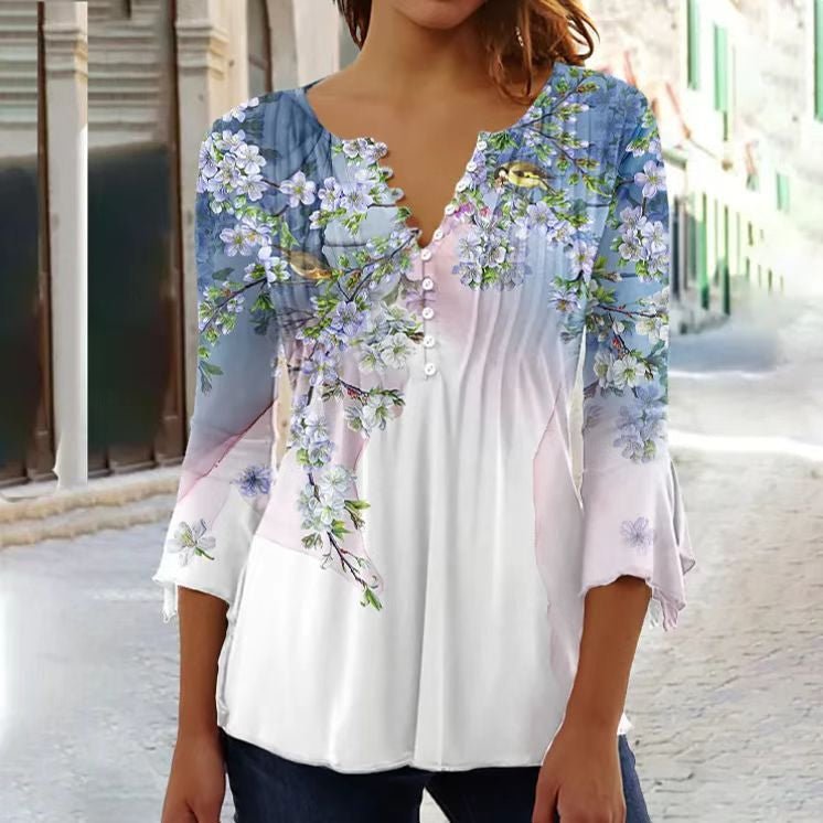Amelia | Blusa de Punto Floral con Cuello Henley para Mujer de Verano Elegante