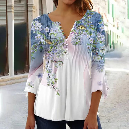 Amelia | Blusa de Punto Floral con Cuello Henley para Mujer de Verano Elegante