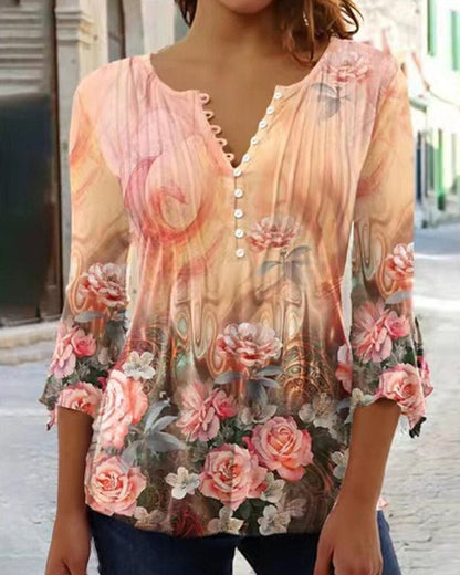 Amelia | Blusa de Punto Floral con Cuello Henley para Mujer de Verano Elegante