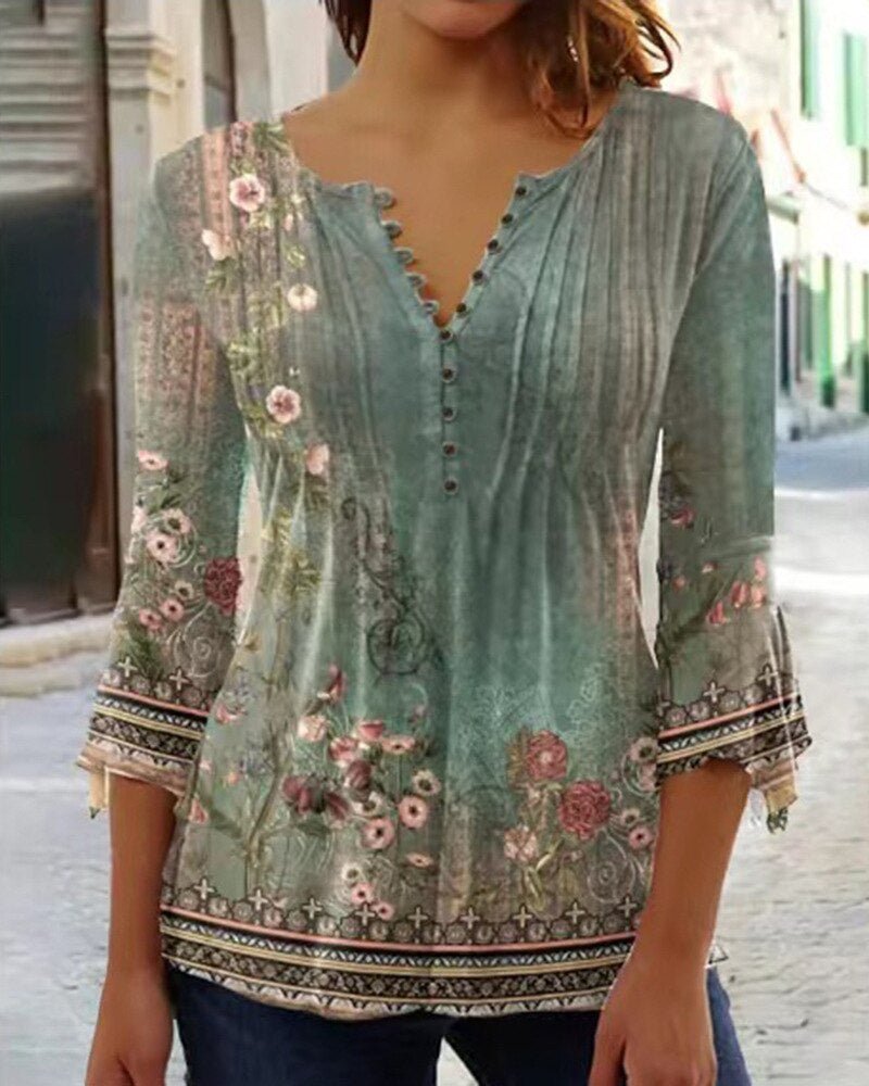 Amelia | Blusa de Punto Floral con Cuello Henley para Mujer de Verano Elegante