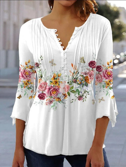 Amelia | Blusa de Punto Floral con Cuello Henley para Mujer de Verano Elegante