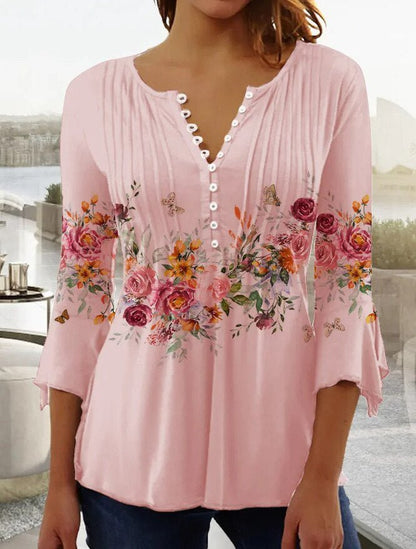 Amelia | Blusa de Punto Floral con Cuello Henley para Mujer de Verano Elegante