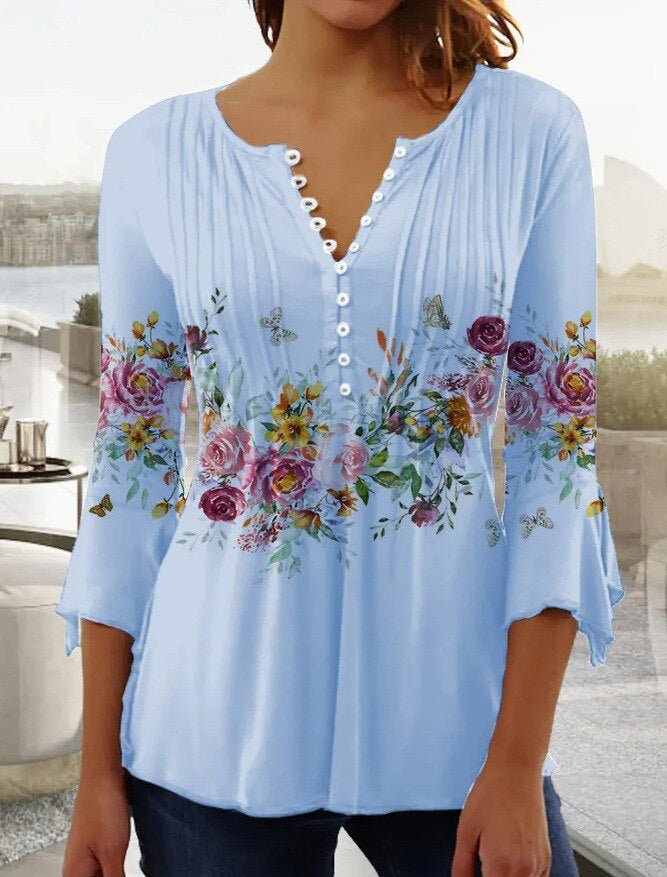 Amelia | Blusa de Punto Floral con Cuello Henley para Mujer de Verano Elegante