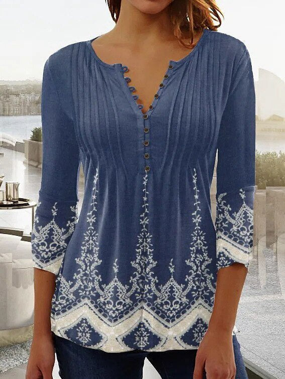 Amelia | Blusa de Punto Floral con Cuello Henley para Mujer de Verano Elegante