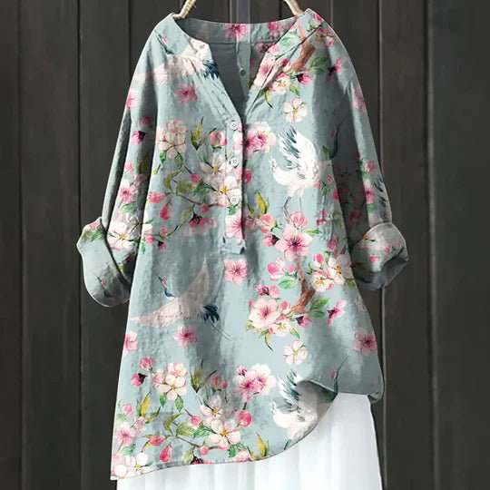 Women's Floral Tunic Top Long Sleeve Button-Up - Light Green
